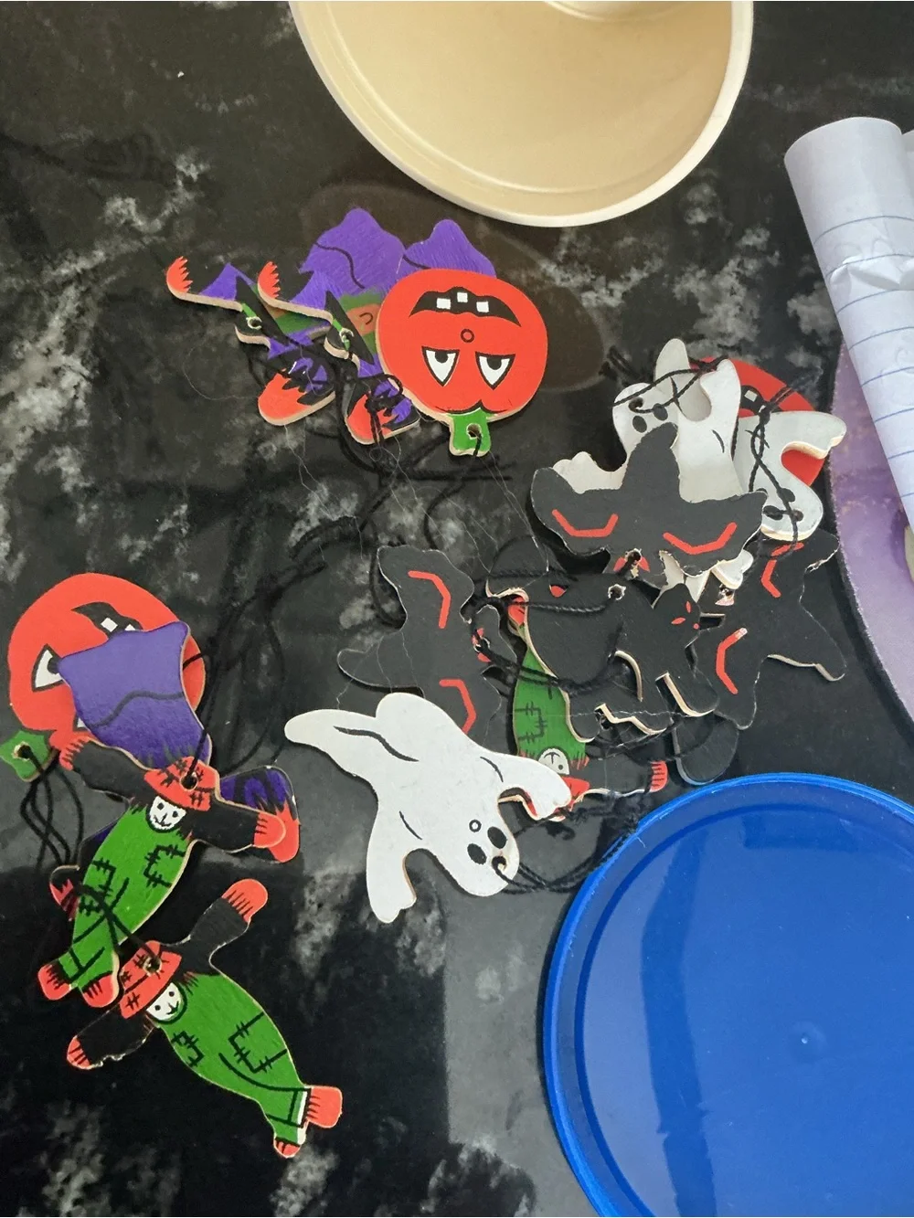 lot of two vintage Halloween trees with wood ornaments please see pictures